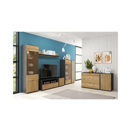 Set Living Luen 4 Piese, 307x39.5x196 h cm Pal Melaminat, Negru/Stejar Mauvella/Stejar Tegola