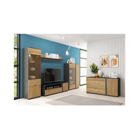 Set Living Luen 4 Piese, 307x39.5x196 h cm Pal Melaminat, Negru/Stejar Mauvella/Stejar Tegola picture - 1