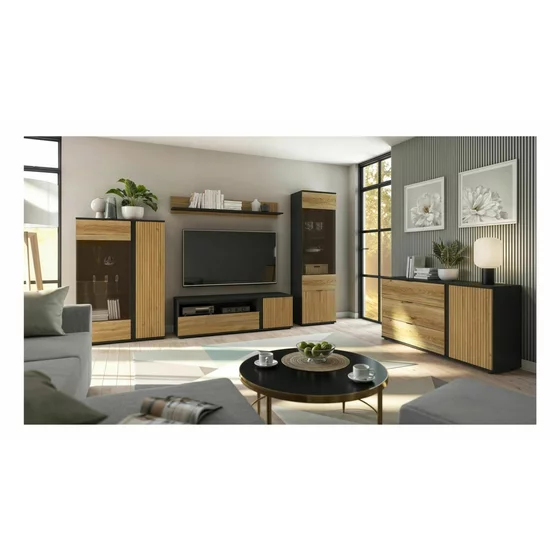 Set Living Luen 4 Piese, 307x39.5x196 h cm Pal Melaminat, Negru/Stejar Mauvella/Stejar Tegola picture - 2