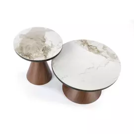 Set Masute Cafea Hagen 220 + 220S,  Ø70x50 cm, Ø43x53 cm, Nuc/Alb Marmura +