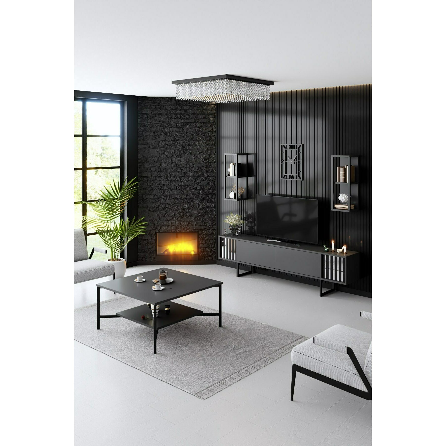 Set Mobilier Living Chrome Line 180x30x48 cm - Antracit/Negru