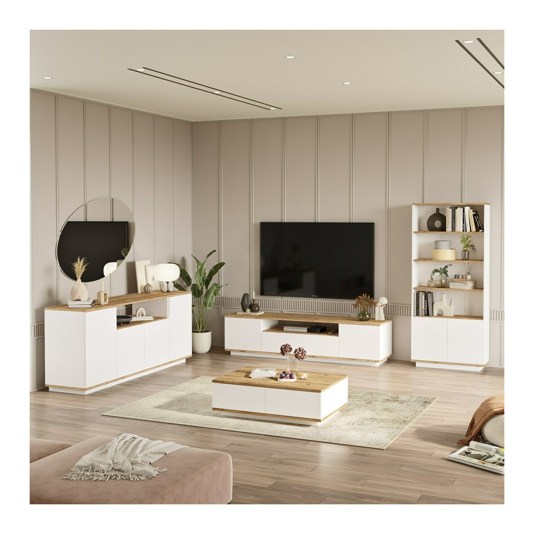 Set Mobilier Living FR19-AW, Alb/Stejar