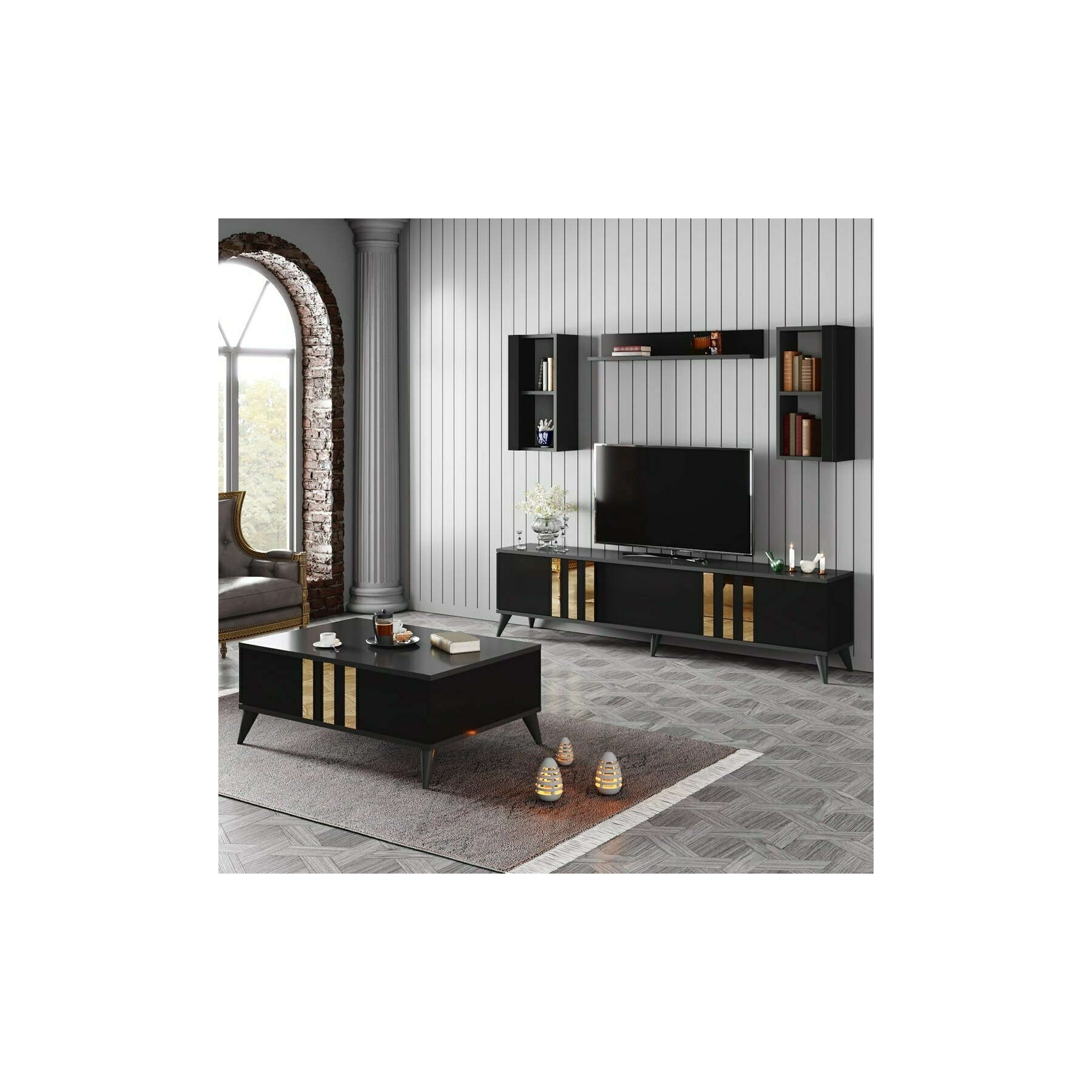 Set Mobilier Living Gold, 180x30x47 cm - Antracit/Negru/Auriu