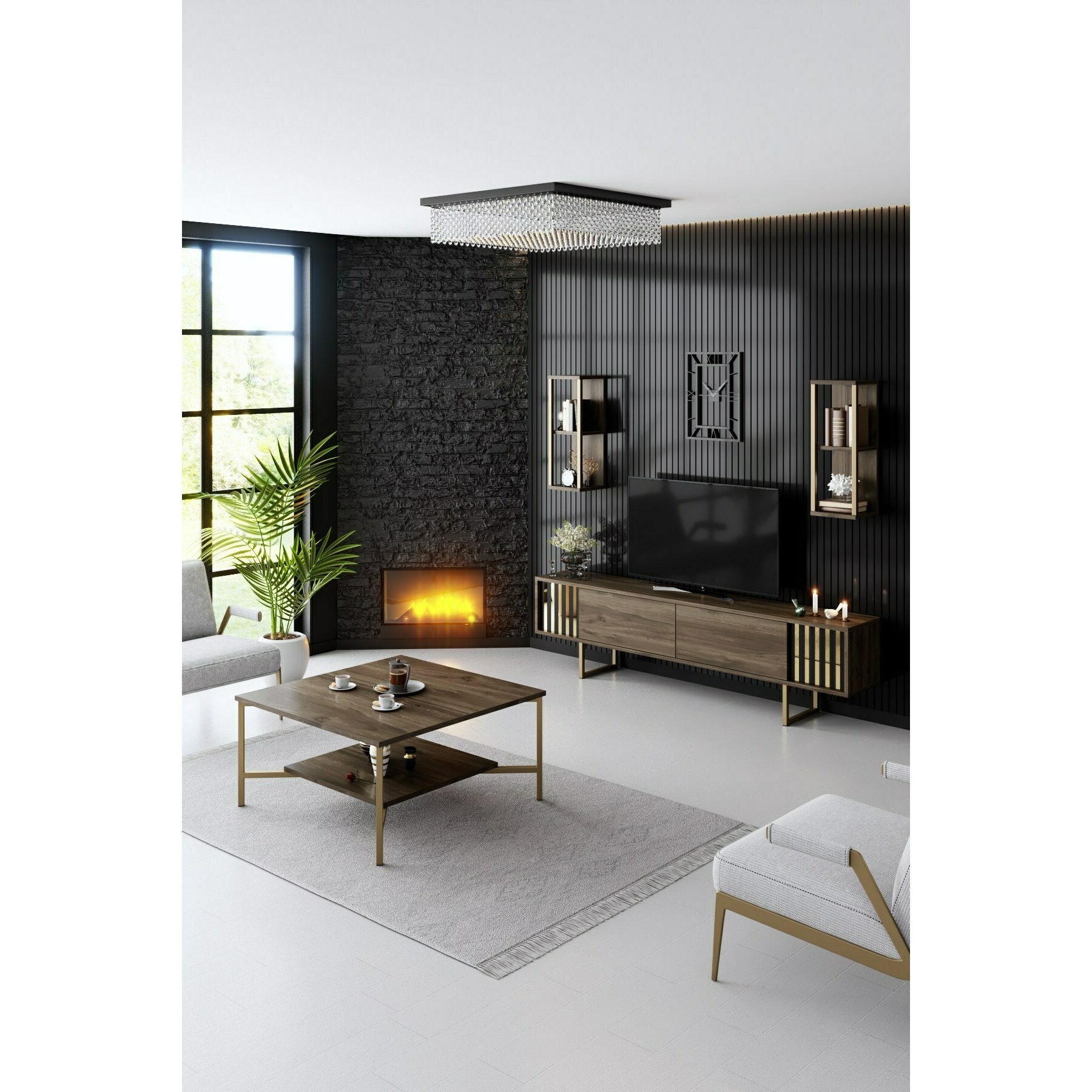 Set Mobilier Living Golden Line, 180x30x48 - Nuc/Auriu