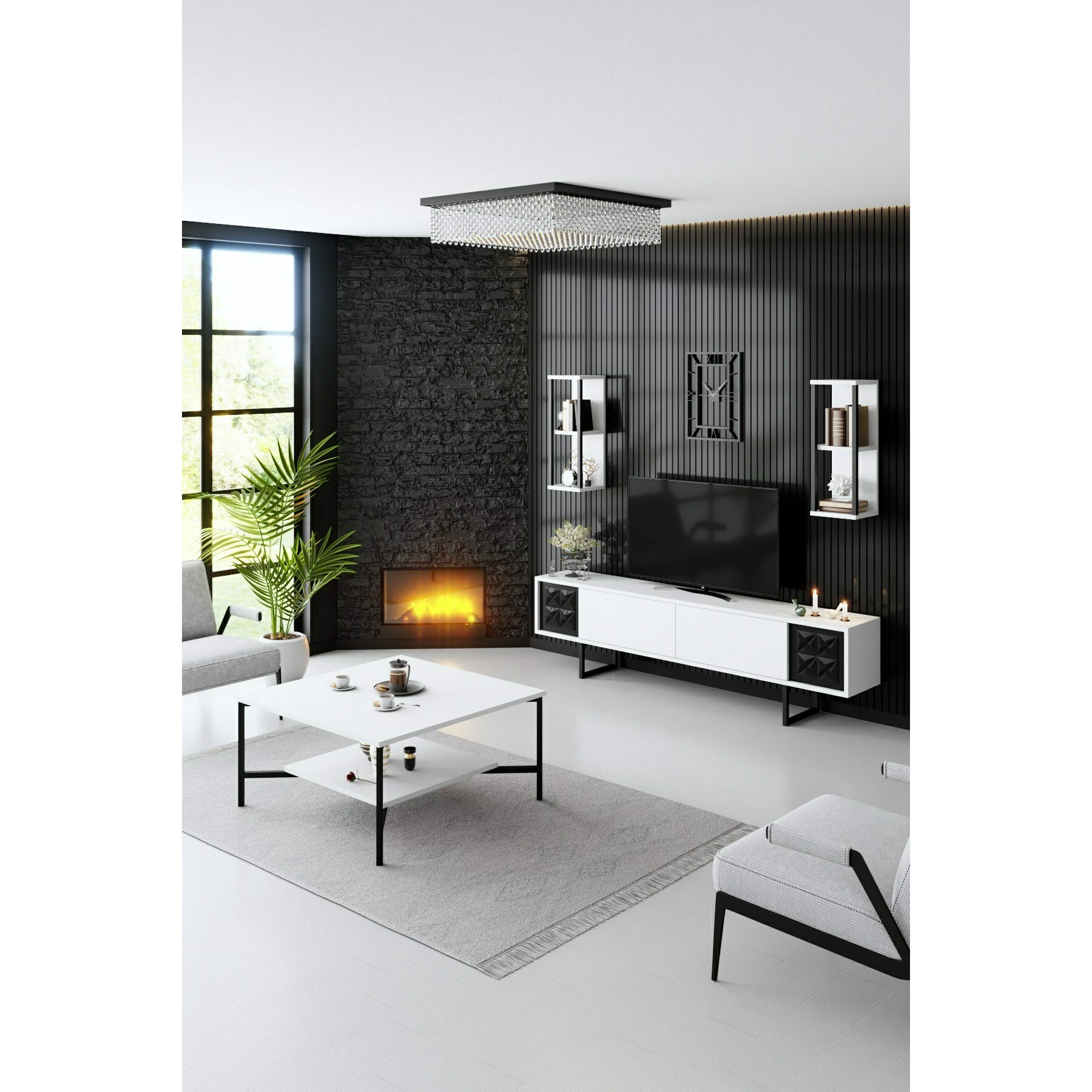 Set Mobilier Living Line Set, 180x30x48 cm - Alb/Negru