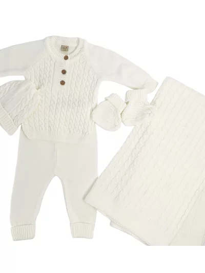 Compleu tricotat  bebelus 5 piese - alb 3-6 Luni