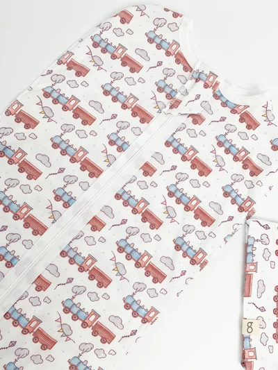 Sac de dormit bebe 2 piese - alb cu trenulet