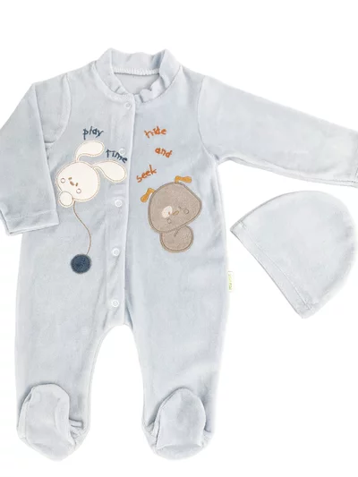 Salopeta albastra pufoasa baiat cu catelus si iepuras