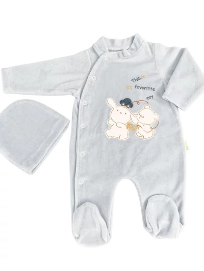 Salopeta albastra pufoasa baiat cu ursulet si iepuras