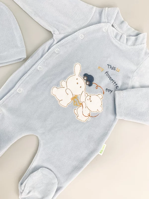 Salopeta albastra pufoasa baiat cu ursulet si iepuras picture - 4