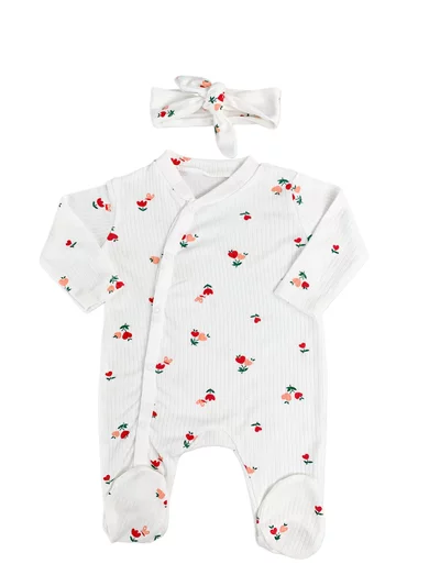 Salopeta fetite alba cu flori si bentita - 2 piese