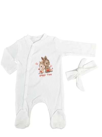 Salopeta fetite alba cu iepuras - 2 piese