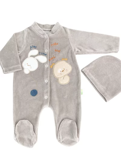 Salopeta maro pufoasa baiat cu catelus si iepuras