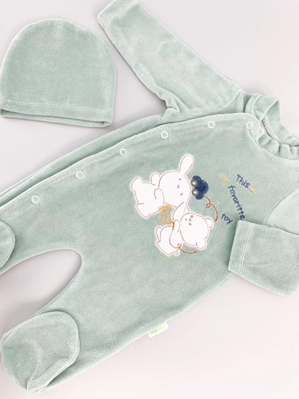 Salopeta verde pufoasa baiat cu ursulet si iepuras picture - 6