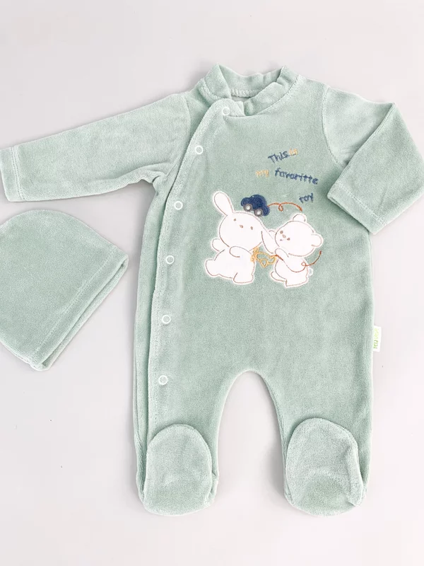 Salopeta verde pufoasa baiat cu ursulet si iepuras picture - 3