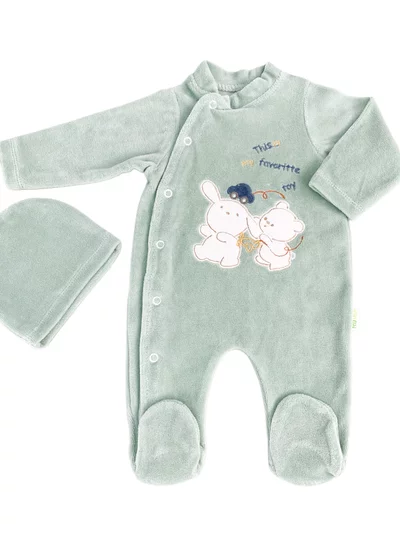 Salopeta verde pufoasa baiat cu ursulet si iepuras