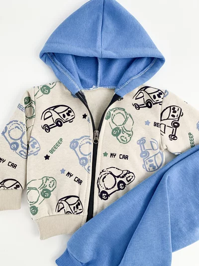 Trening gros copii 2 piese - albastru cu masinute