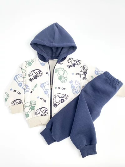 Trening gros copii 2 piese - bleumarin cu masinute