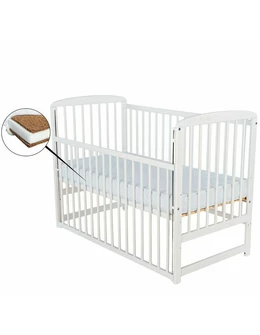 BabyNeeds - Patut din lemn Ola 120x60 cm, Cu laterala culisanta, Din lemn de pin, Stabil si rezistent, Inaltime saltea reglabila pe 3 nivele, Laterala cu 3 bete detasabile, EN716-1, EN716-2, Alb + Saltea 12 cm 2