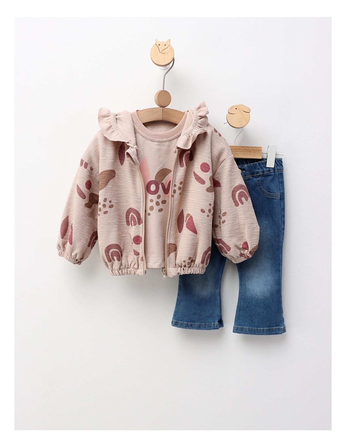 Compleu 3 piese cu blugi, Love, cu bej