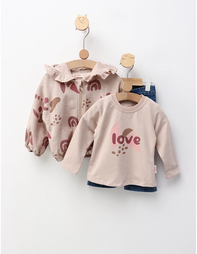 Compleu 3 piese cu blugi, Love, cu bej picture - 2