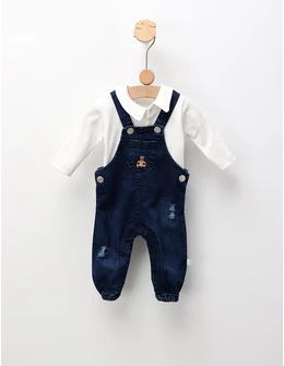 Compleu cu salopeta de blug+bluza, alb-albastru