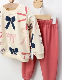 Compleu imprimat cu fundite, crem-roz-prafuit