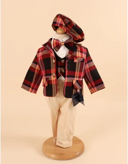 Costum de botez elegant carouri grena-crem 1