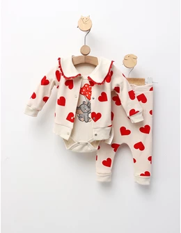 Costumas 3 piese, Elefantel si Baloane, ecru-rosu