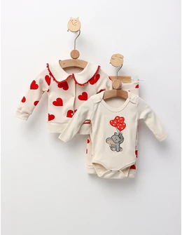 Costumas 3 piese, Elefantel si Baloane, ecru-rosu