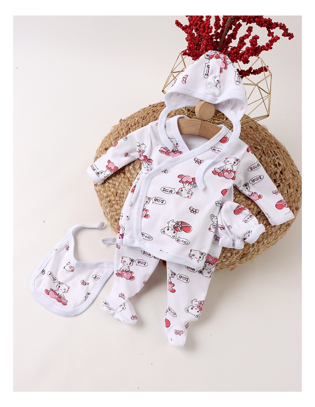 Costumas 5 piese Love Cat, alb-rosu