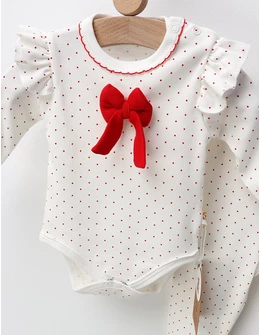 Costumas pentru fetite, cu buline, alb-rosu