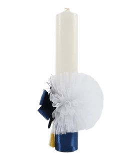 Lumanare botez cu tulle, fundita si ciucuras model bleumarin 2