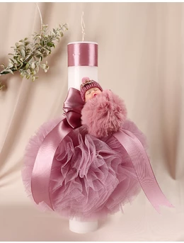 Lumanare botez cu tulle si bebelus pufos model roz prafuit 1