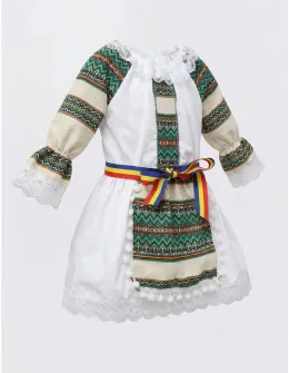 Costum popular fetite Otilia verde-crem