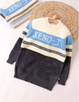 Pulover Mohair, Xeno-T, alb-albastru-gri