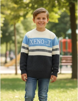 Pulover Mohair, Xeno-T, alb-albastru-gri