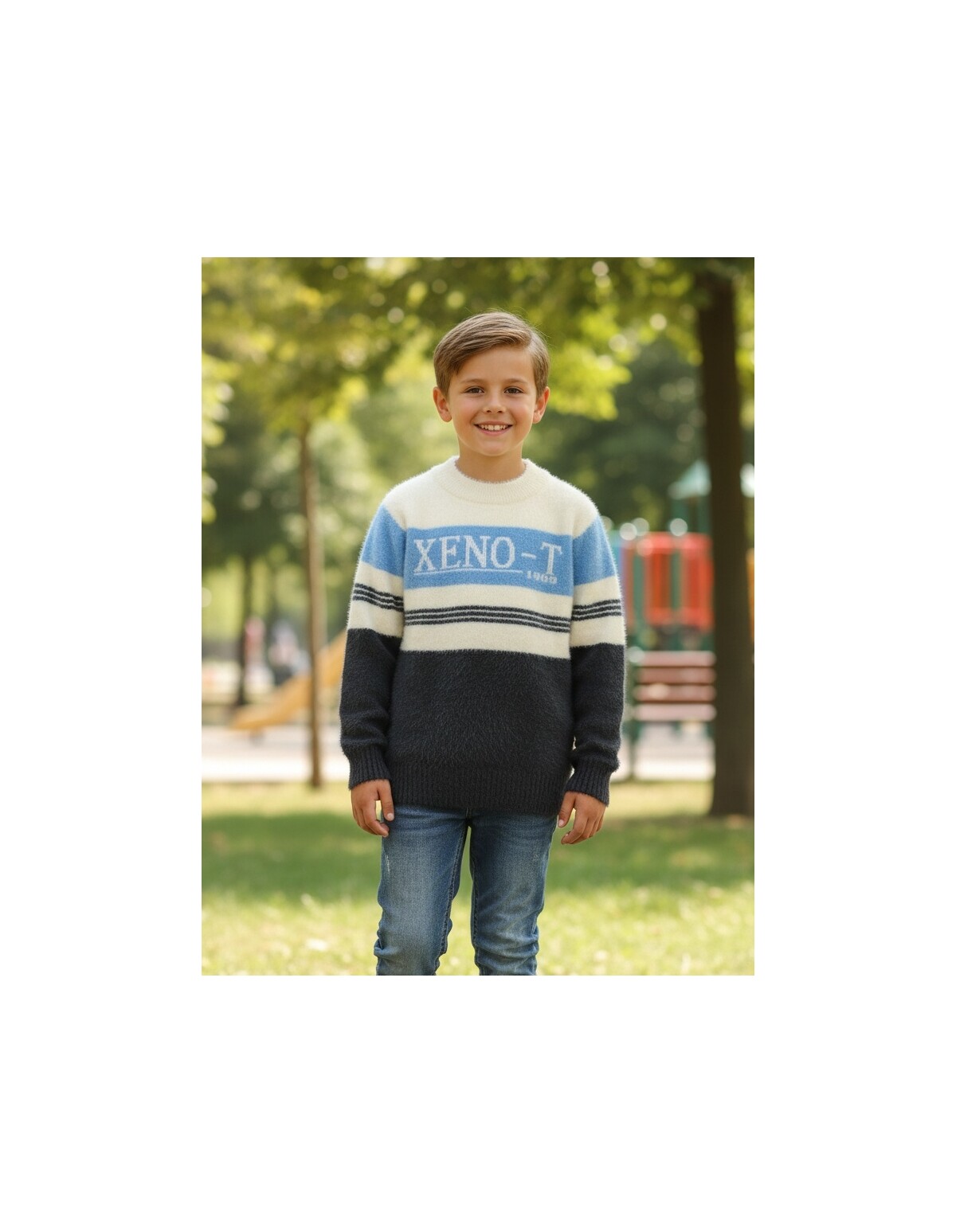 Pulover Mohair, Xeno-T, alb-albastru-gri