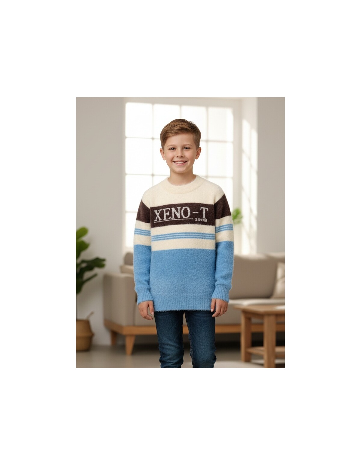 Pulover Mohair, Xeno-T, alb-maro-albastru