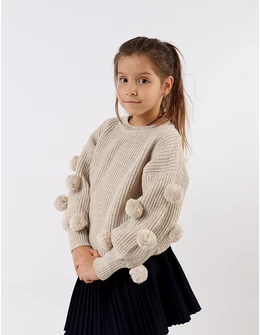 Pulover tricotat cu ciucurasi, model crem