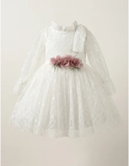 Rochita cu broderie si fundita Anisa, alb roz-prafuit