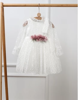 Rochita cu broderie si fundita Anisa, alb roz-prafuit