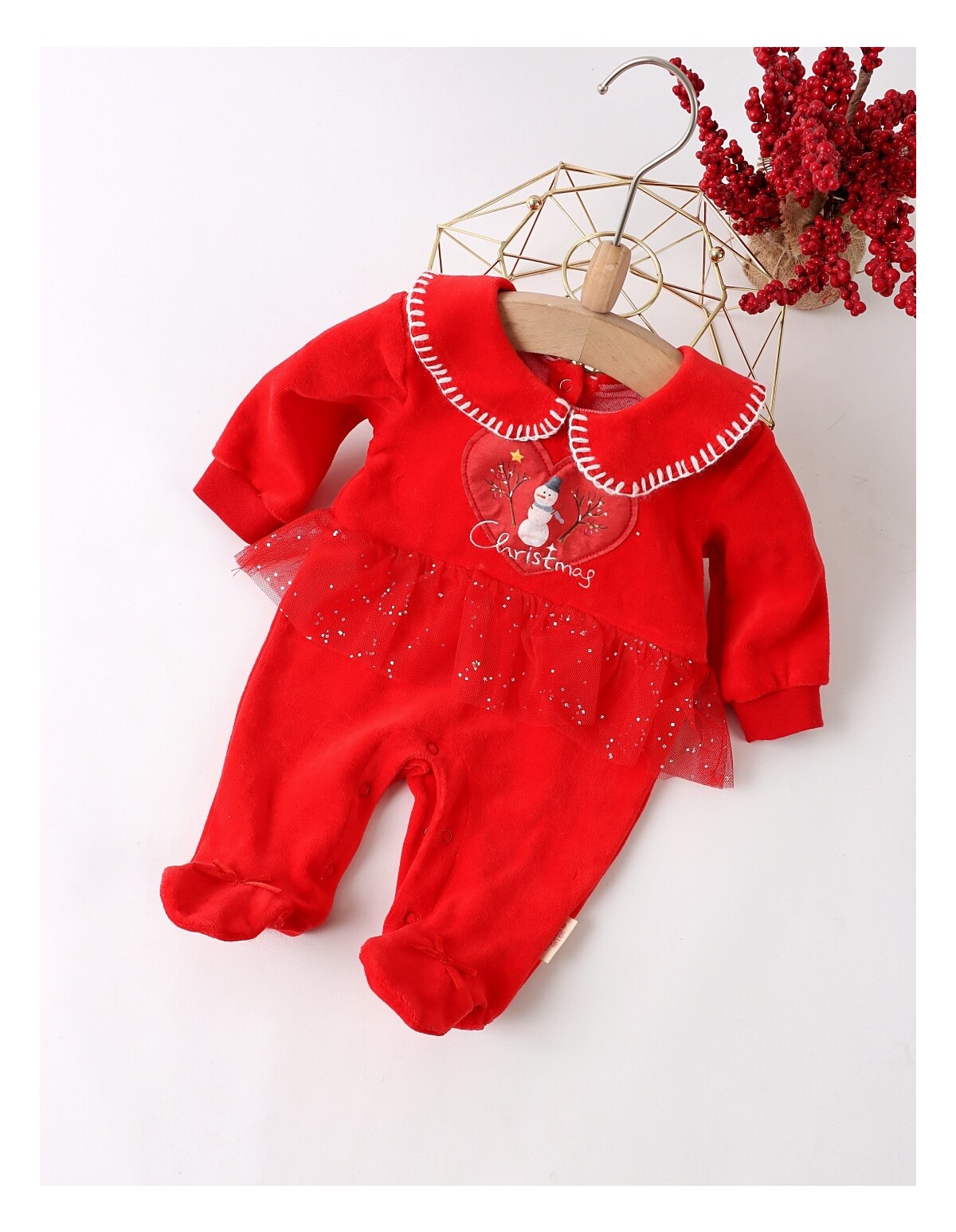 Salopeta catifea Christmas, Snow Man, rosu