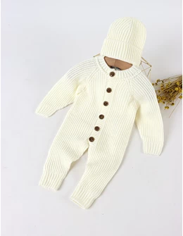 Salopeta tricotata babies cu caciula, ecru