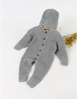 Salopeta tricotata babies cu caciula, gri