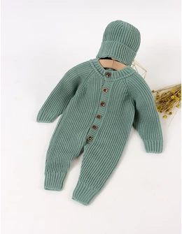 Salopeta tricotata babies cu caciula, verde