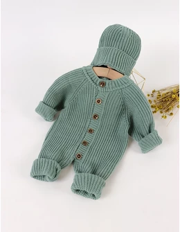 Salopeta tricotata babies cu caciula, verde