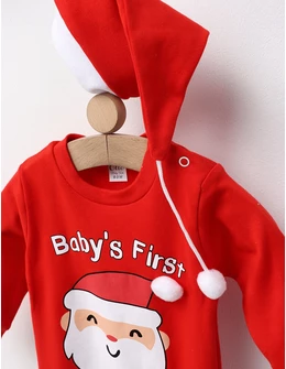 Salopeta+caciulita Baby's first Christmas rosu