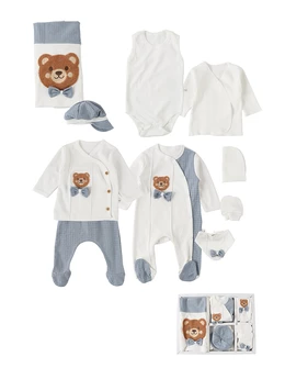 Set 10 piese, bebe, Ursuletul cu Papion, alb-albastru