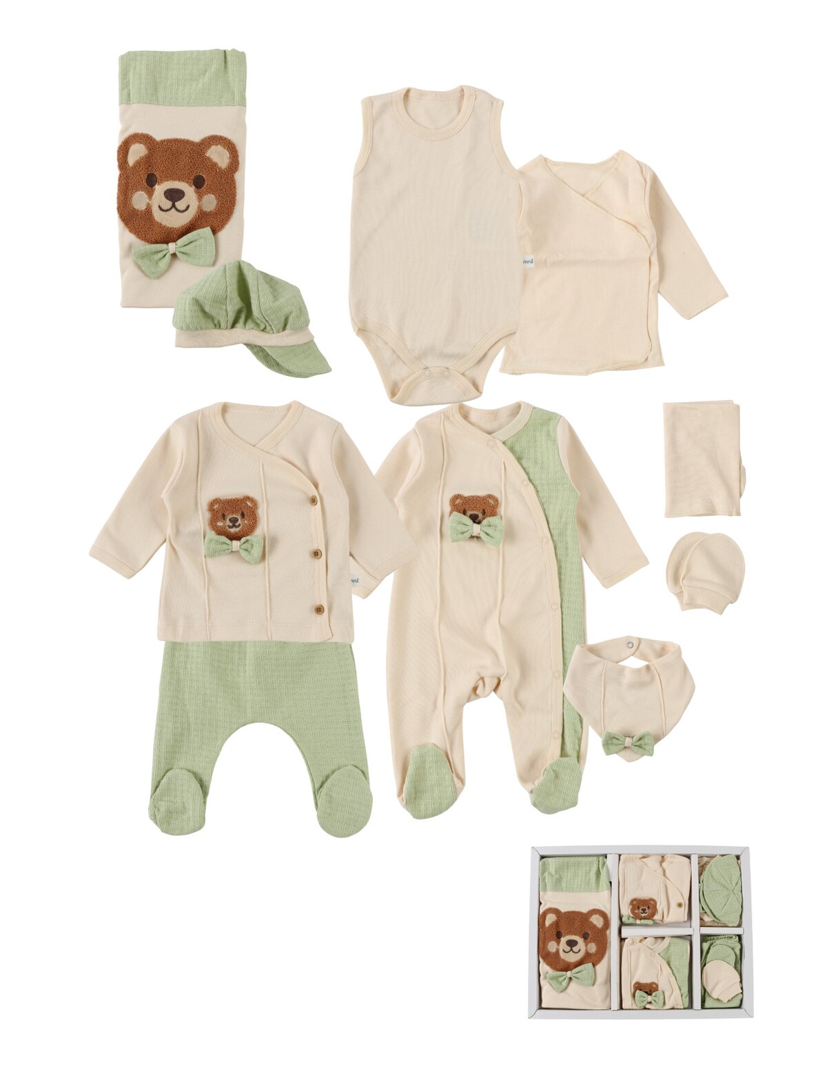 Set 10 piese, bebe, Ursuletul cu Papion, crem-verde